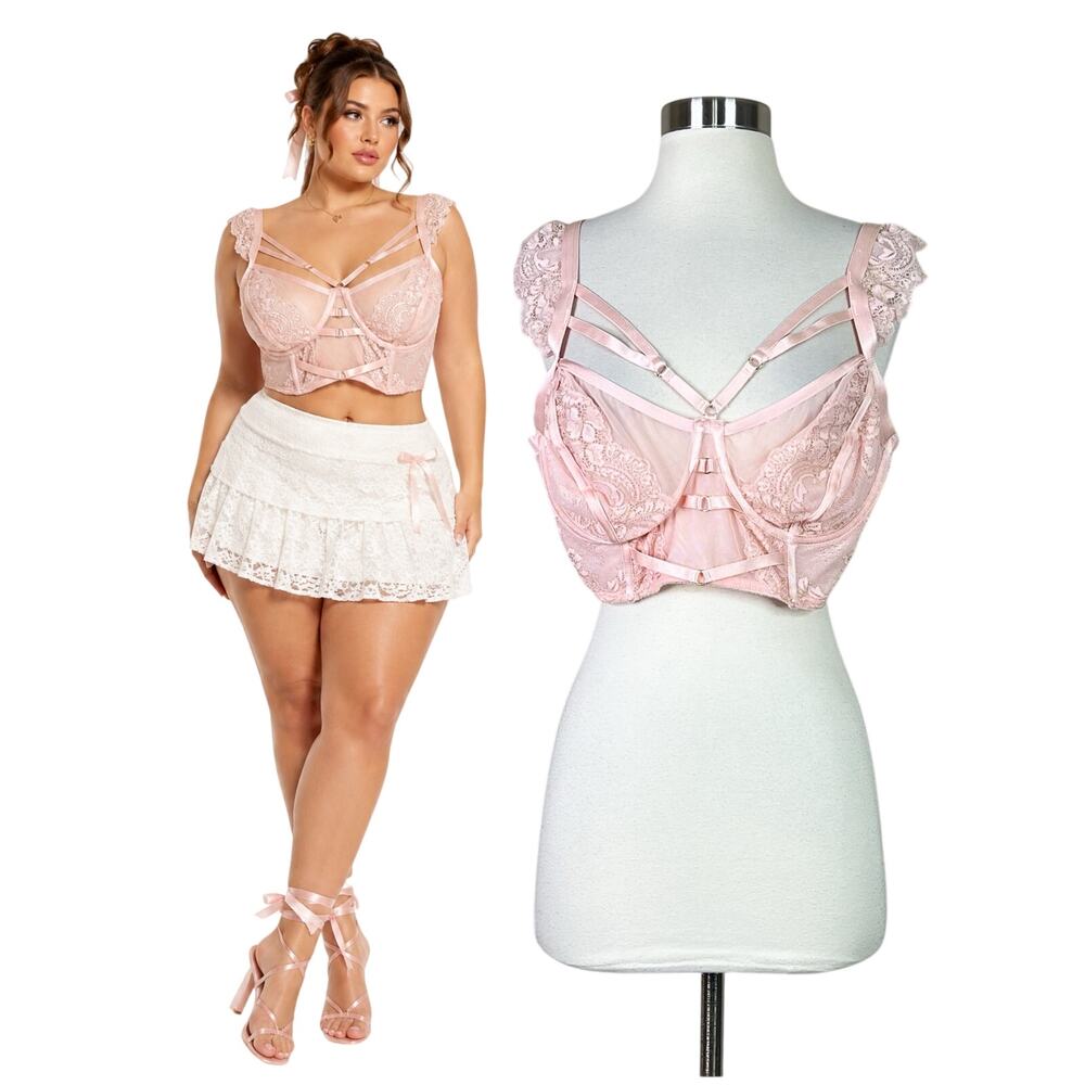 Torrid | Pink Lace Sheer Underwire Strappy Bra Bralette 2X Coquette Romantic